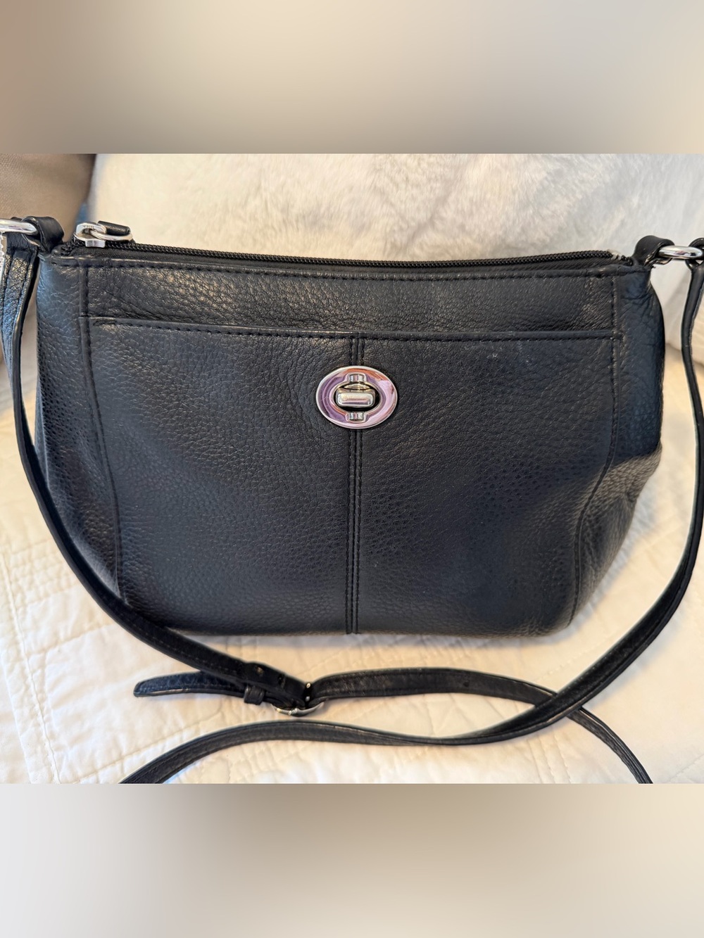 Coach Classic Black Pebbled Leather Crossbody Bag with Turnlock Closure